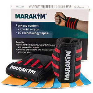 Premium Wrist Wrap Pair | Professional Wraps Weight Lifting, Crossfit, Powerlifting, Gym Workout, Bodybuilding | Wrist Band For Men & Women To Avoid Injuries and Alleviate Pain - Bonus Kinesiology Tap